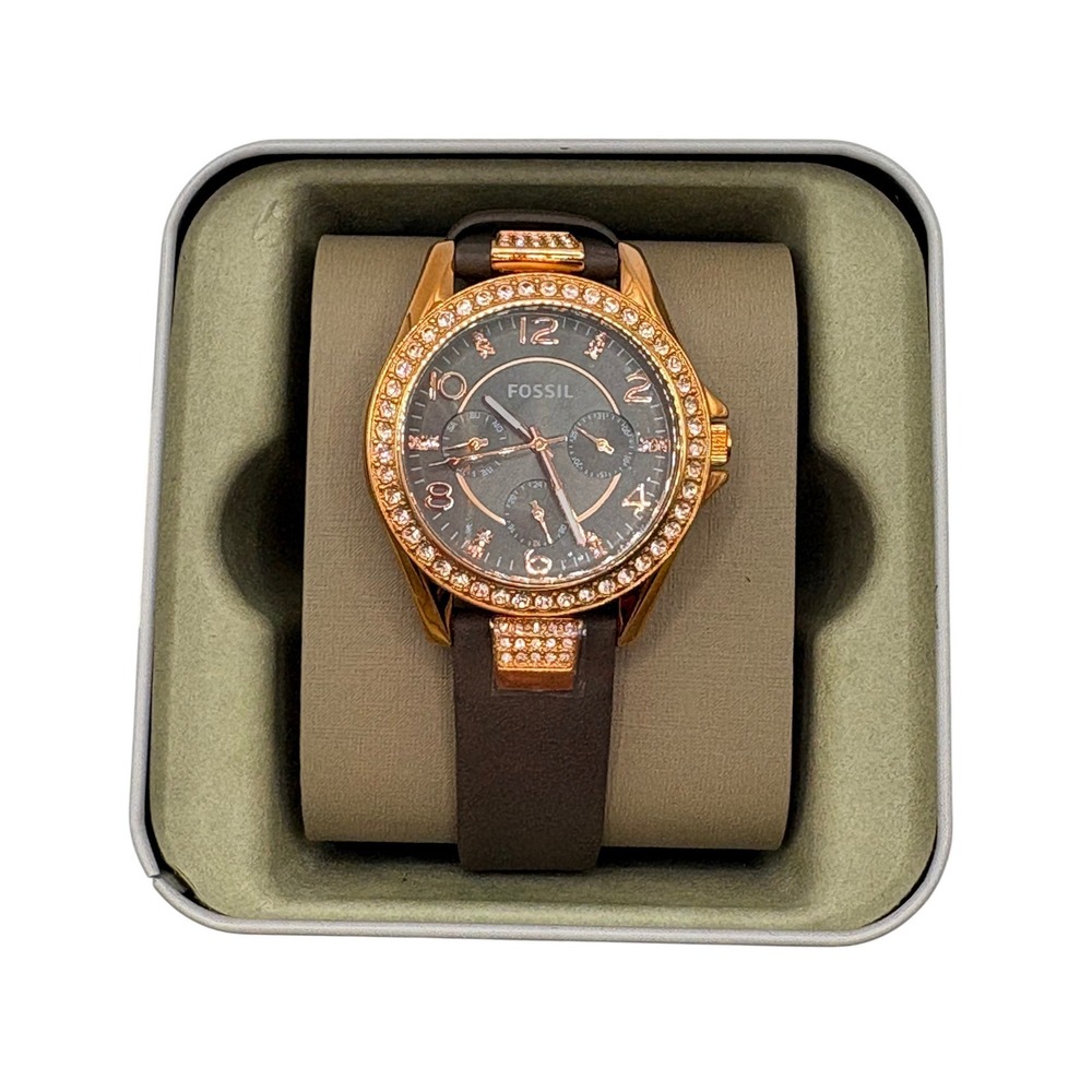 Fossil Riley Multifunction Watch Womens Brown Rose Gold Crystal Glitz ES3888